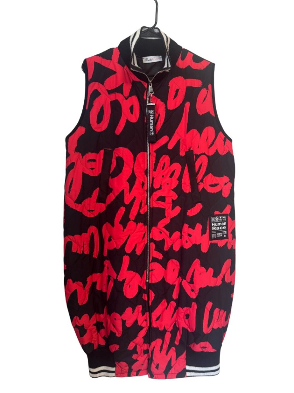 NWOT Paolo Tricot Human Race Long Quilted Vest Made Italy Red Black Graphic